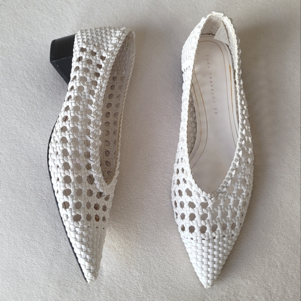 Zara Open Braided Mid Heel Ballerina White/ Ecru Size 39 / 8.5